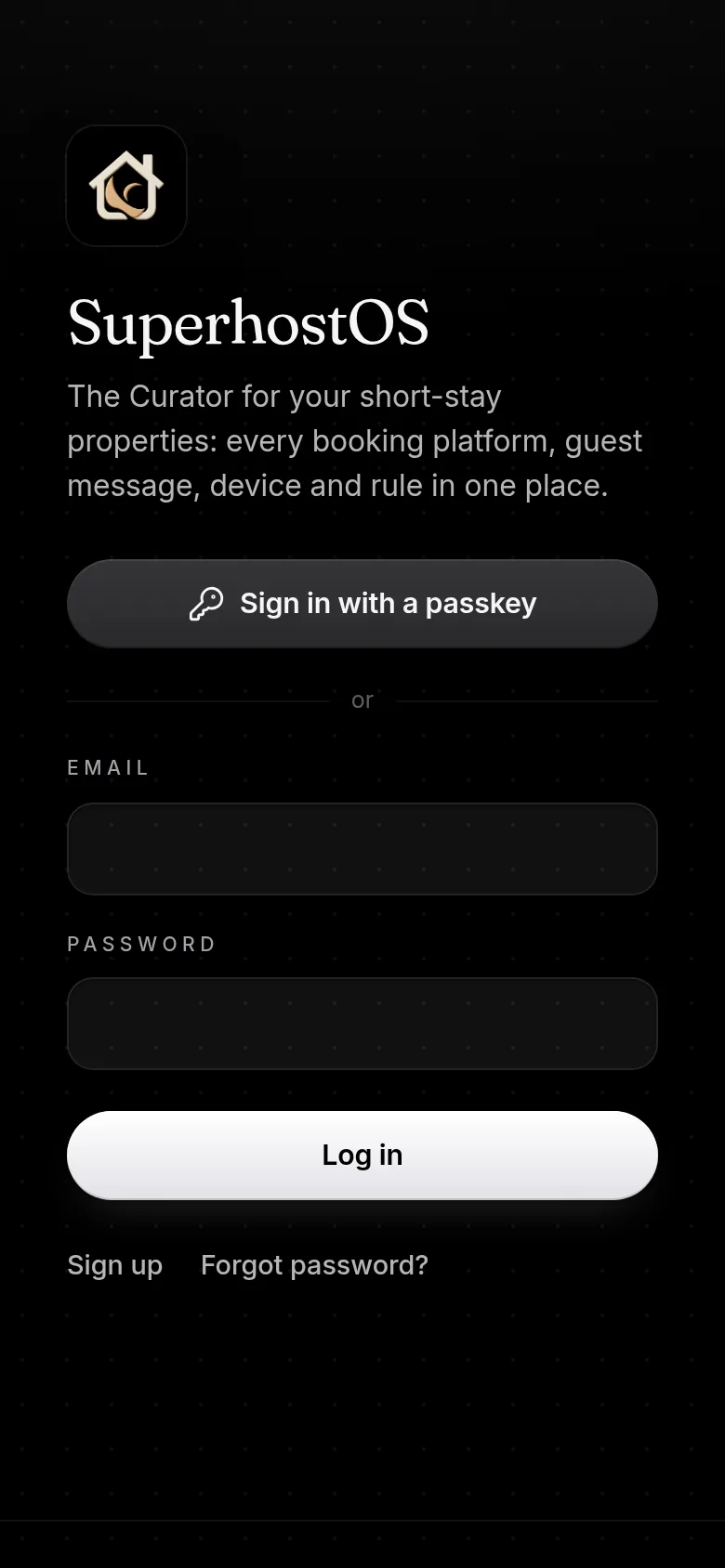 SuperhostOS — Sign in with a passkey or a password