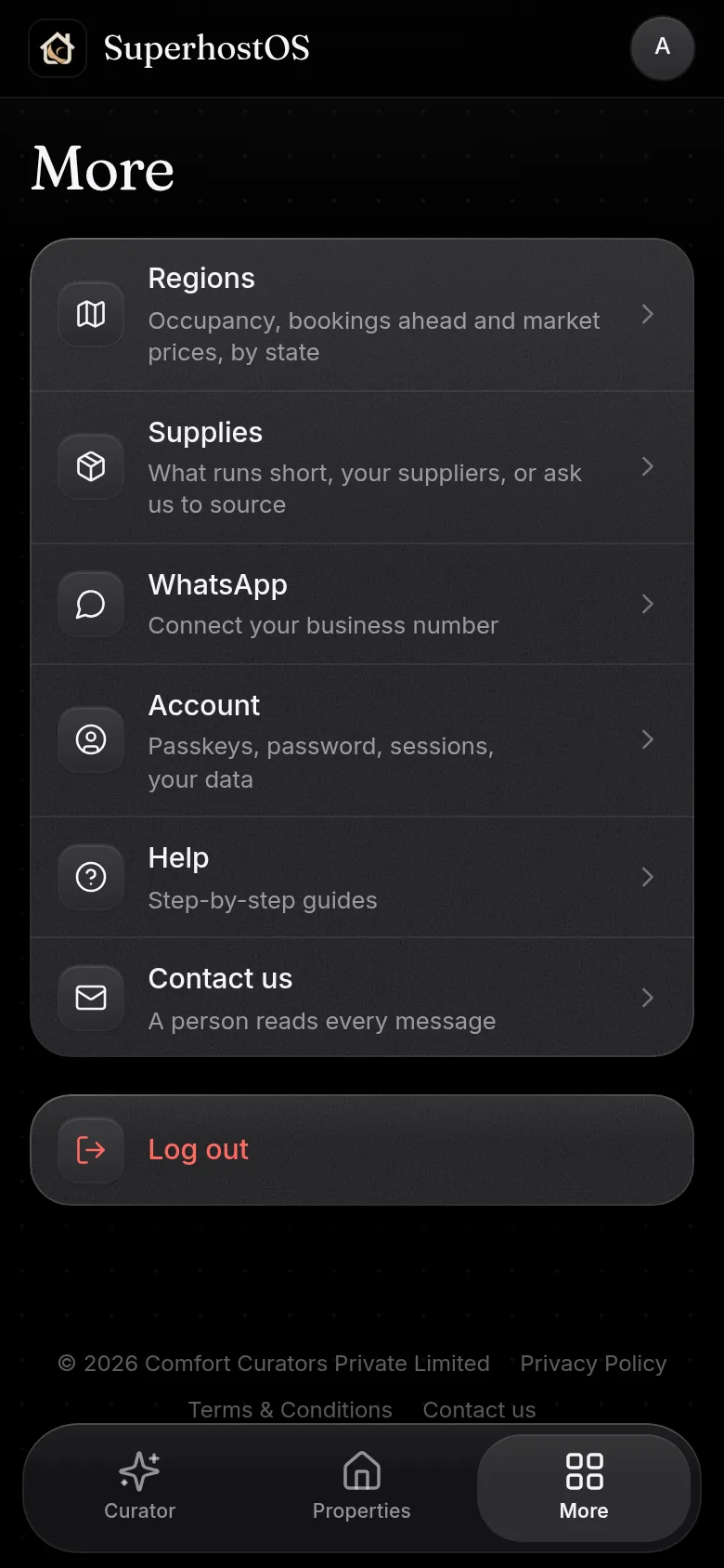 SuperhostOS — More: regions, supplies, WhatsApp, account, help